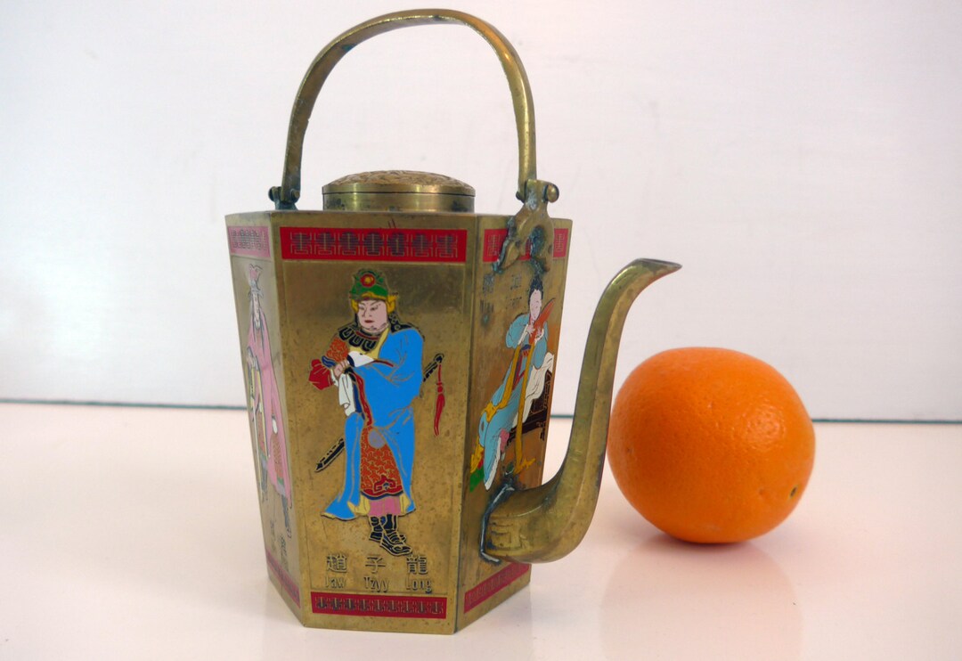 Teapot Vintage Brass Chinese Teapot Hexagonal Shape W/ Enameled Figures