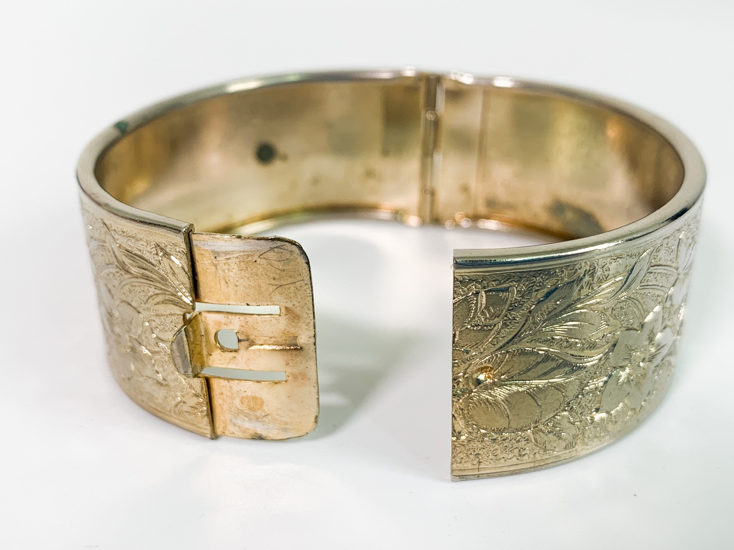 Vintage Etched Bangle Bracelet Retro Silver tone Metal Hinged Cuff