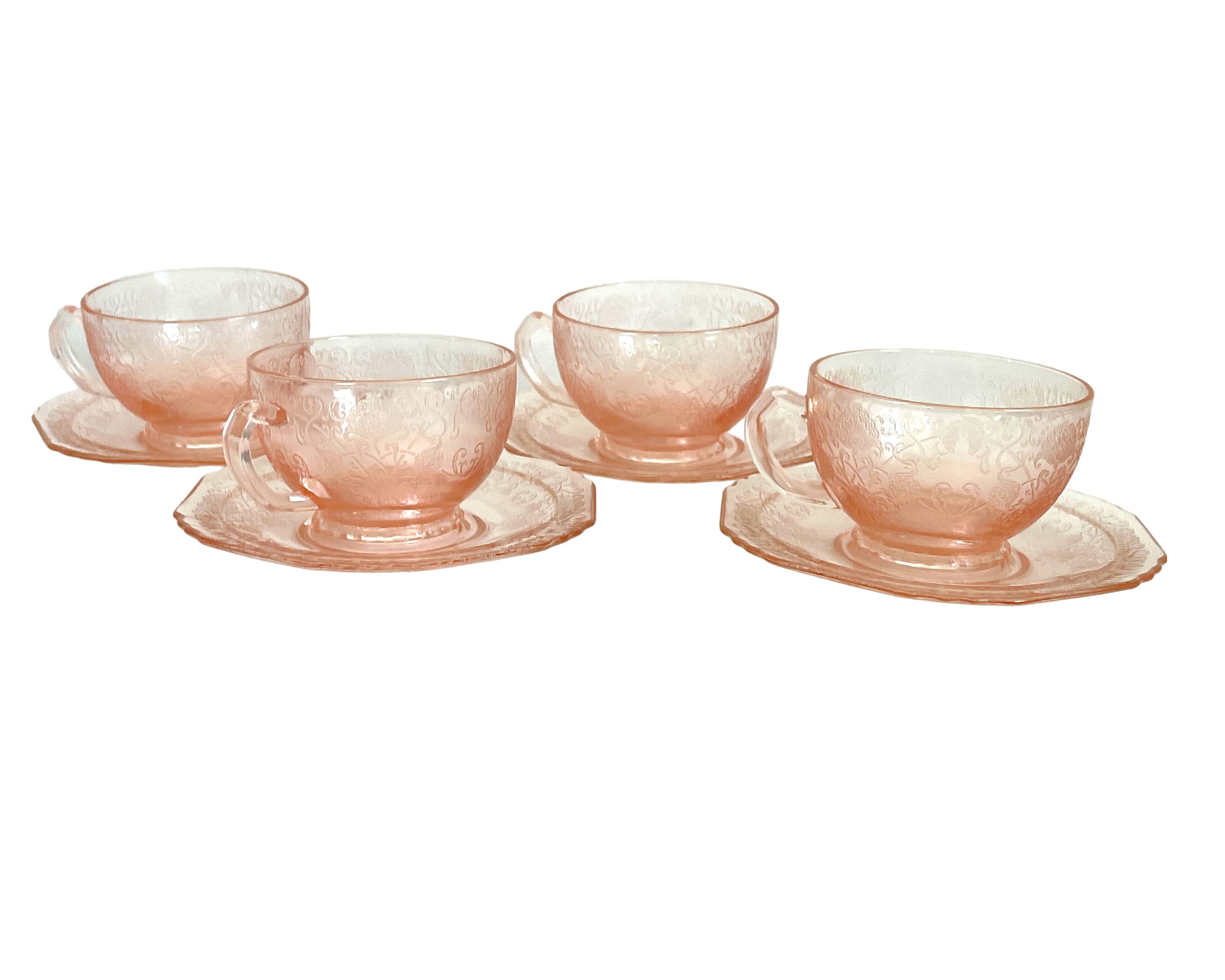 4 Hazel Atlas Florentine Pink Depression Glass Footed Cups Saucers Ca