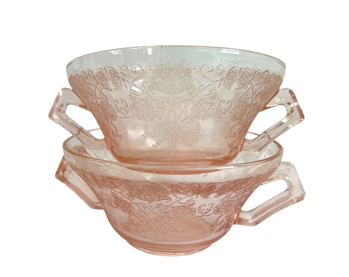 2 Hazel Atlas Florentine Pink Depression Glass Cream Soup Bowl ca 1930s - Pair Florentine Two Floral Pattern Retro Kitchen Serving Display