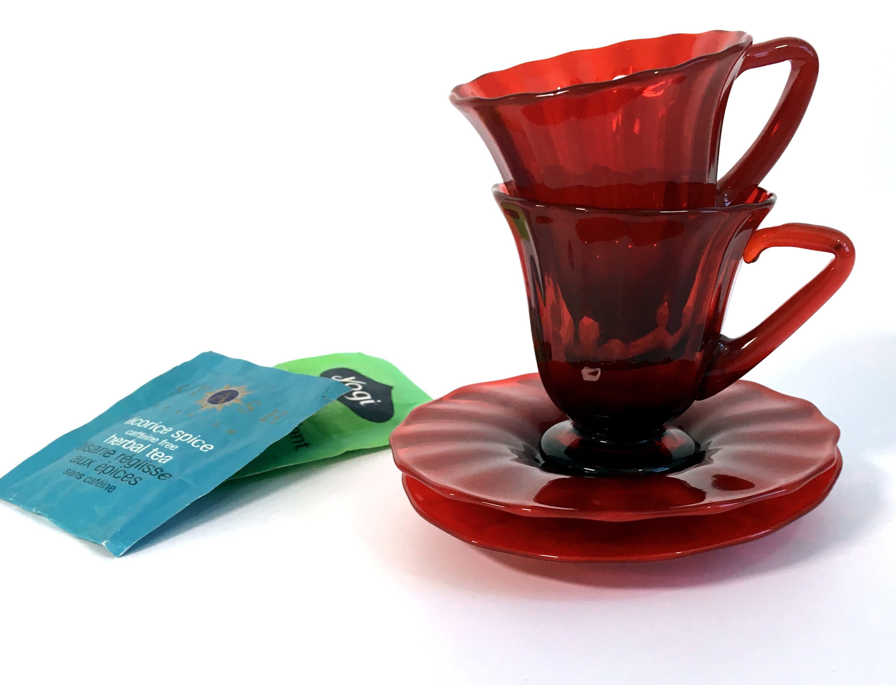 2 Vintage Red Glass Espresso Cups & Saucers Retro Demitasse 2 Piece