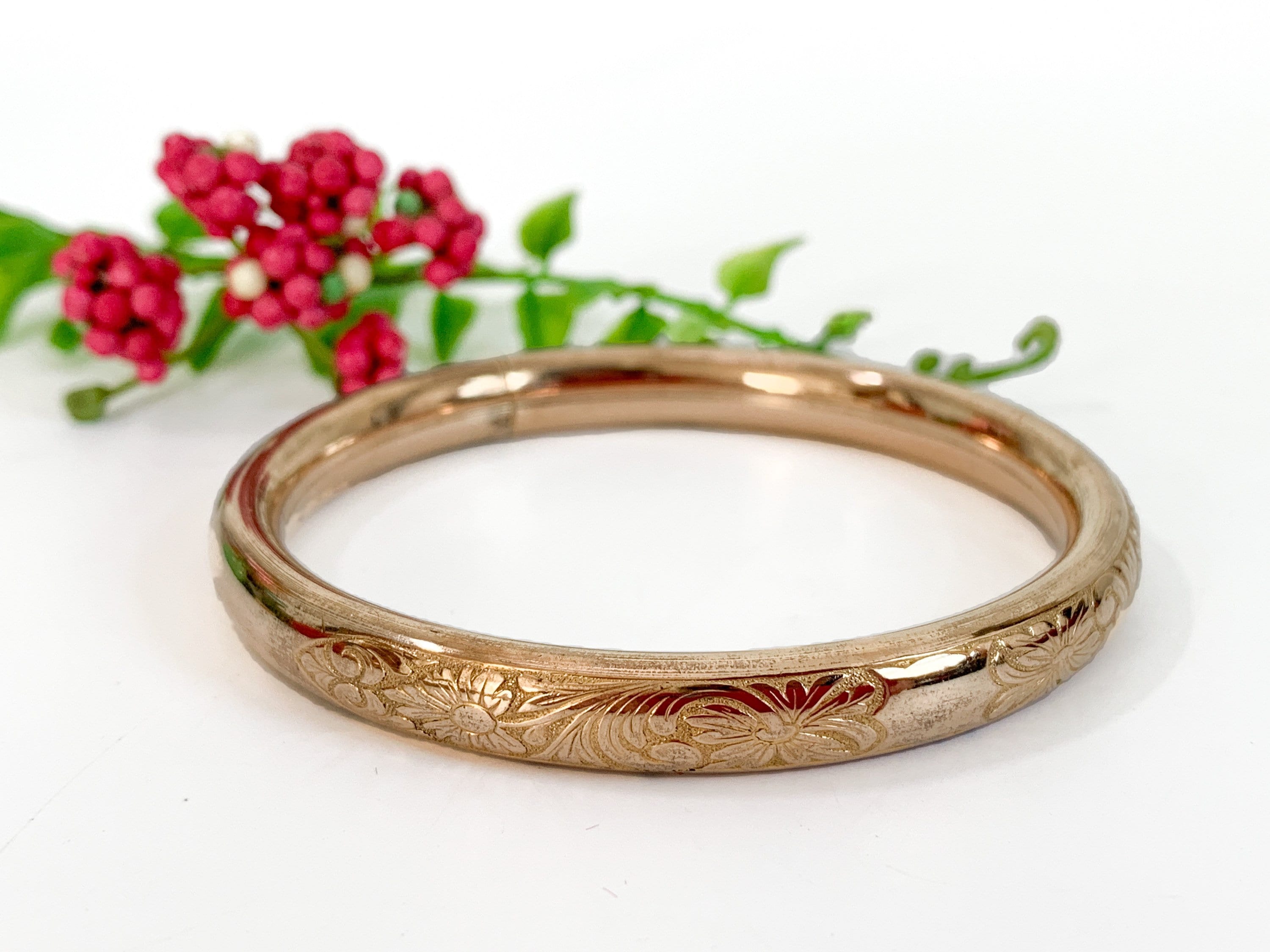 Vintage Antique Bangle Bracelet w/ Etched Floral Design on Front Retro GF Cuff Bracelet Bangle