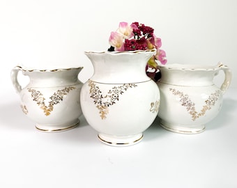 Antique KT&K Vitreous Set Jar and Pitchers Toilet Set - White w/ Gold Flower Design 3 pc Set - Shabby Chic Bathroom Decor