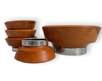 Vintage 5 Piece Solid Wood & Chrome Salad Bowl Set - Five Wooden Bowls w/ Decorative Base - Kitchen Serving Dining Entertaining