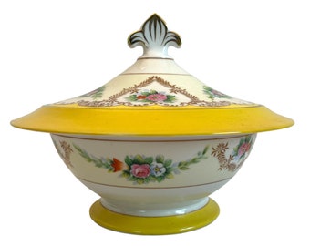 Vintage Noritake Lidded Vegetable Dish: Floral Fleur de Lis, Yellow & Gold Trim