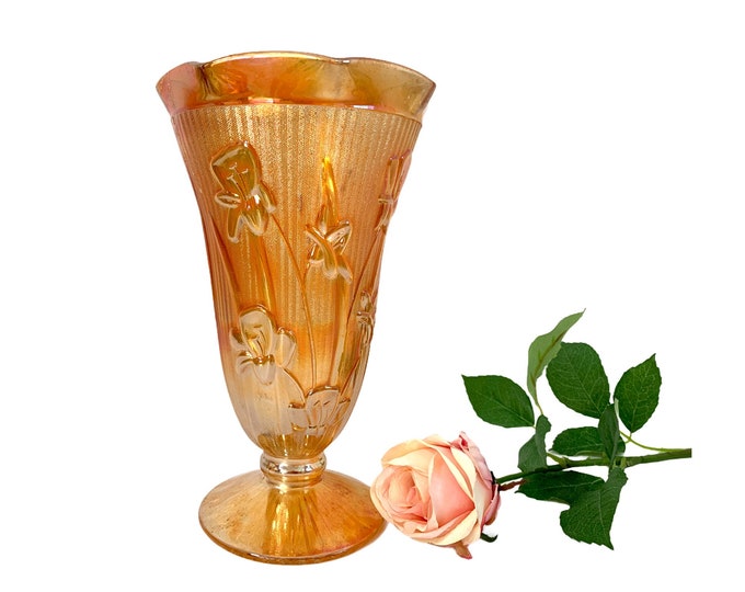 Jeanette Peach Glass Iris & Herringbone 9 Inch Vase - Retro Iridescent Home Decor Marigold Carnival Glass Mid century 1960 Large Tall Flower