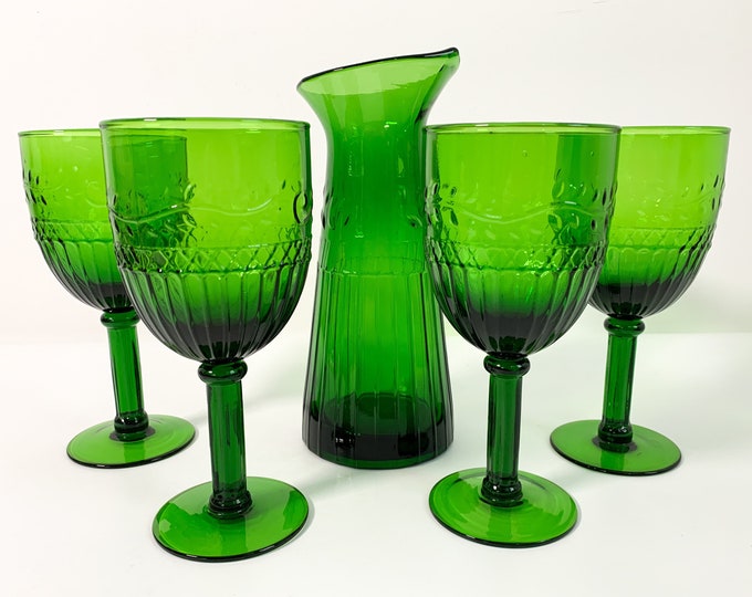 Vintage Heavy LARGE Emerald Green Glass 5 Piece Serving Set - Embossed Retro Liquor / Wine Carafe w/ 4 Matching Goblets