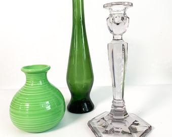 Vintage Etched Clear Glass Candlestick Holder - Retro Candle Holder Flower Design Home Decor - Tall Paneled Candle Holder w/ Etched Vine