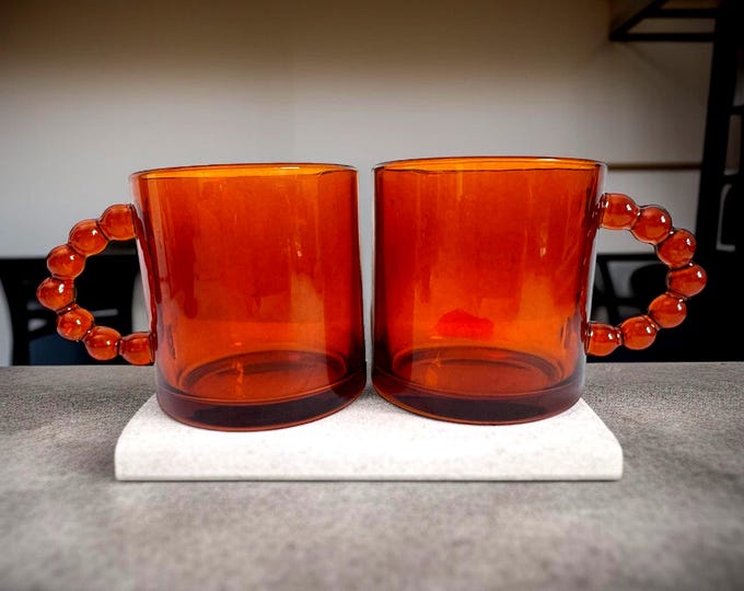 Vintage Set of 2 Glass Beaded Handle Coffee Mugs or Cups - Light Brown Glass w/ Unique Handle - Pair Two Retro Coffee or Tea Drinking Mug