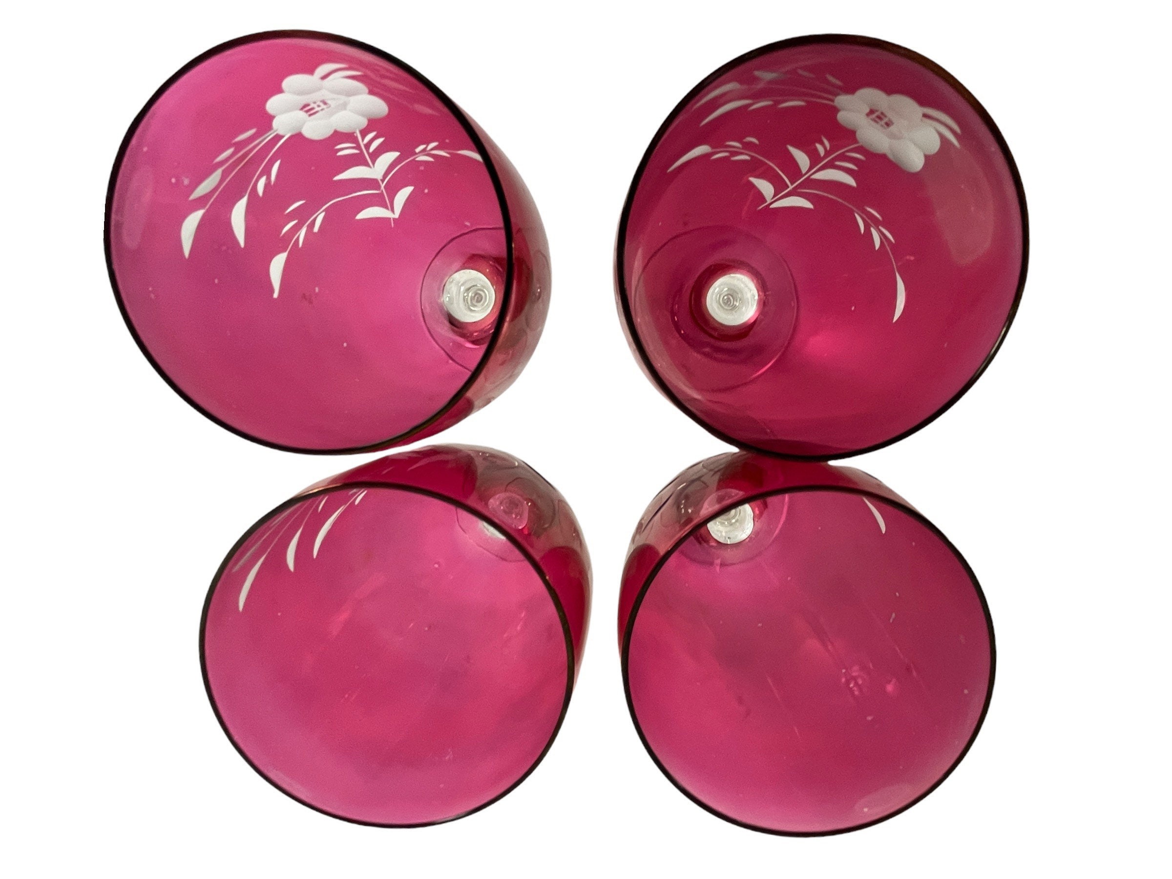 4 Red Etched Wine Glasses Goblets w/ Etched Floral Flower & Clear Stems