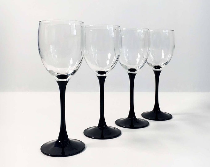 Vintage Set of 4 Luminarc France Black Stem Wine or Water Glasses / All Purpose Drinkware - Mid Century Modern - Black Clear Barware