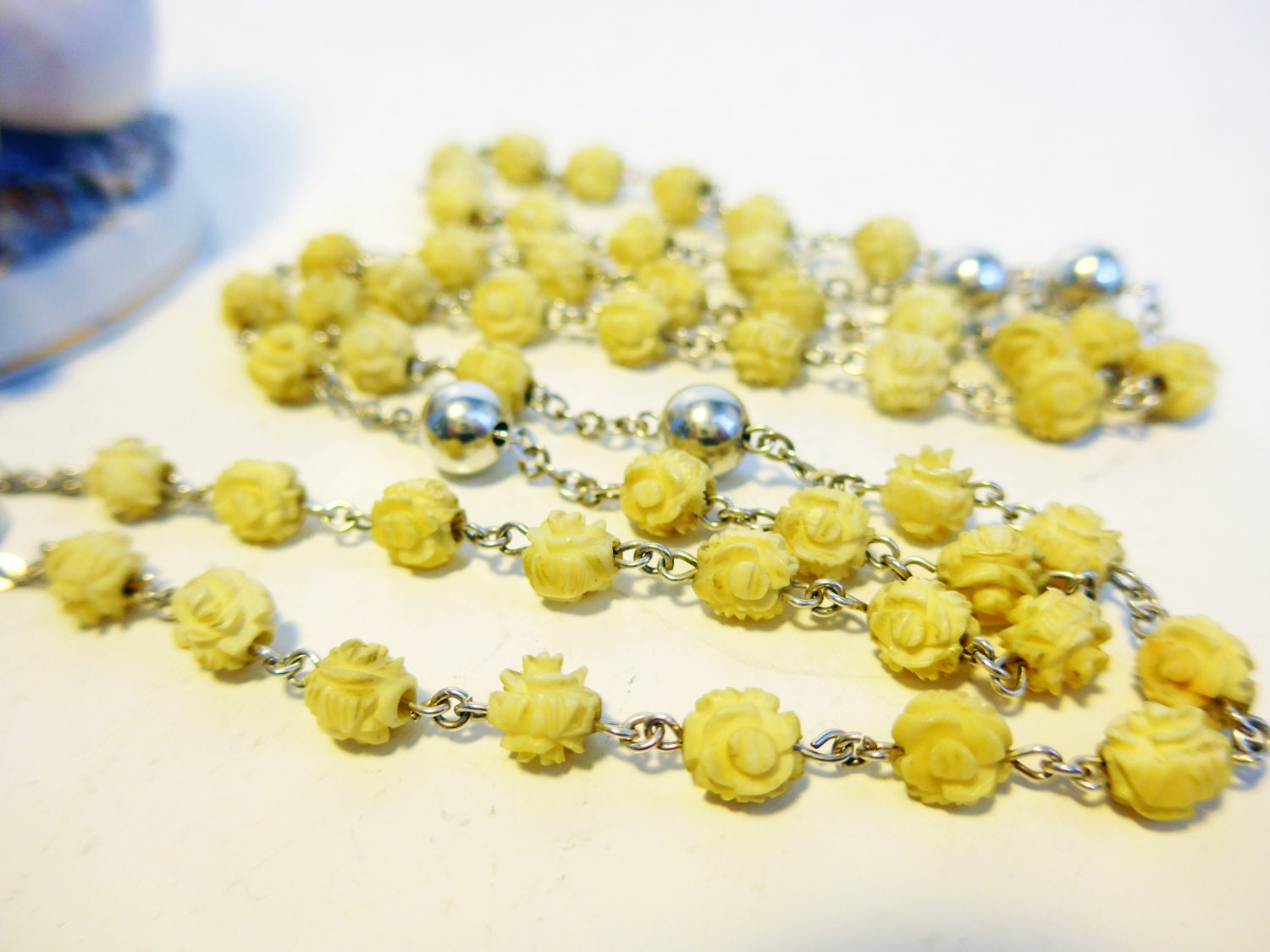 Vintage Sterling Silver and Carved Rose Bead Rosary Answer to Your