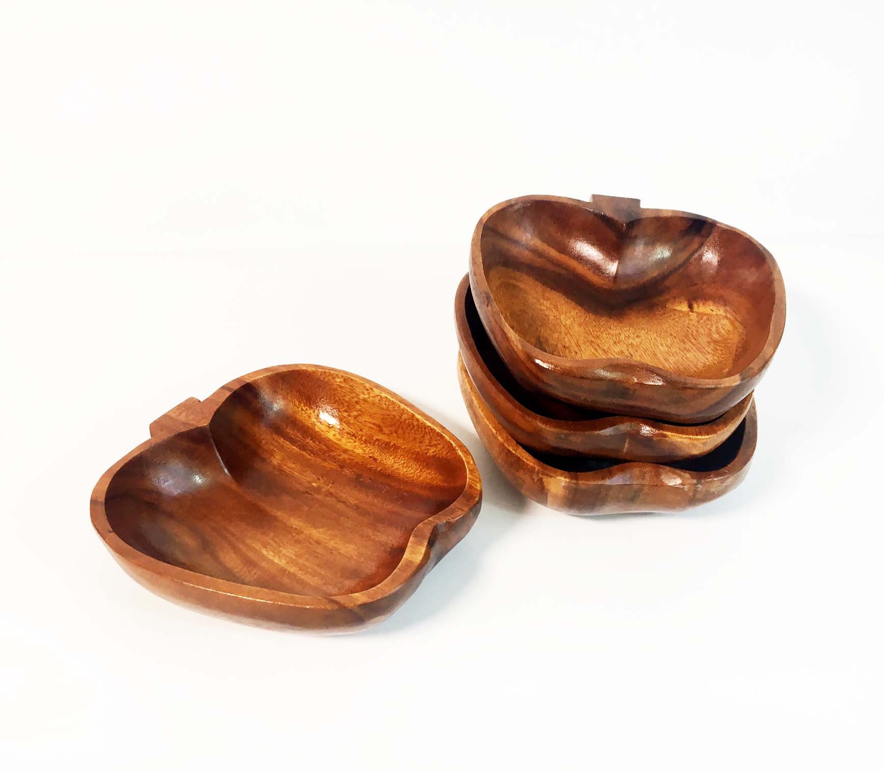 Vintage Set of 4 Apple Shaped Small Wooden Rustic Bowls Wood / Monkey Pod Style / Mokeypod