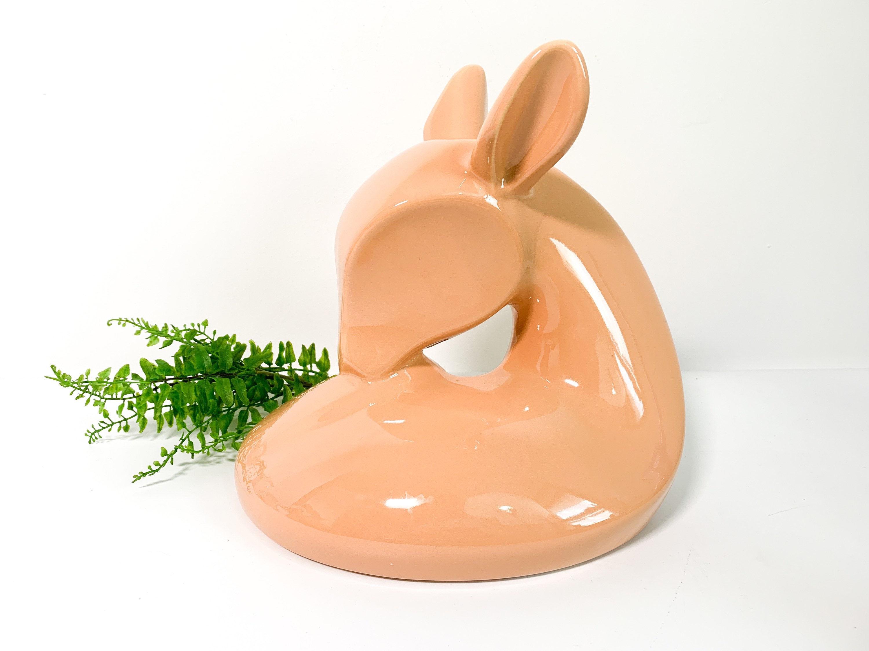 Vintage Salmon Pink Pottery Fawn Deer Statue Ceramic Mod Modern Mid
