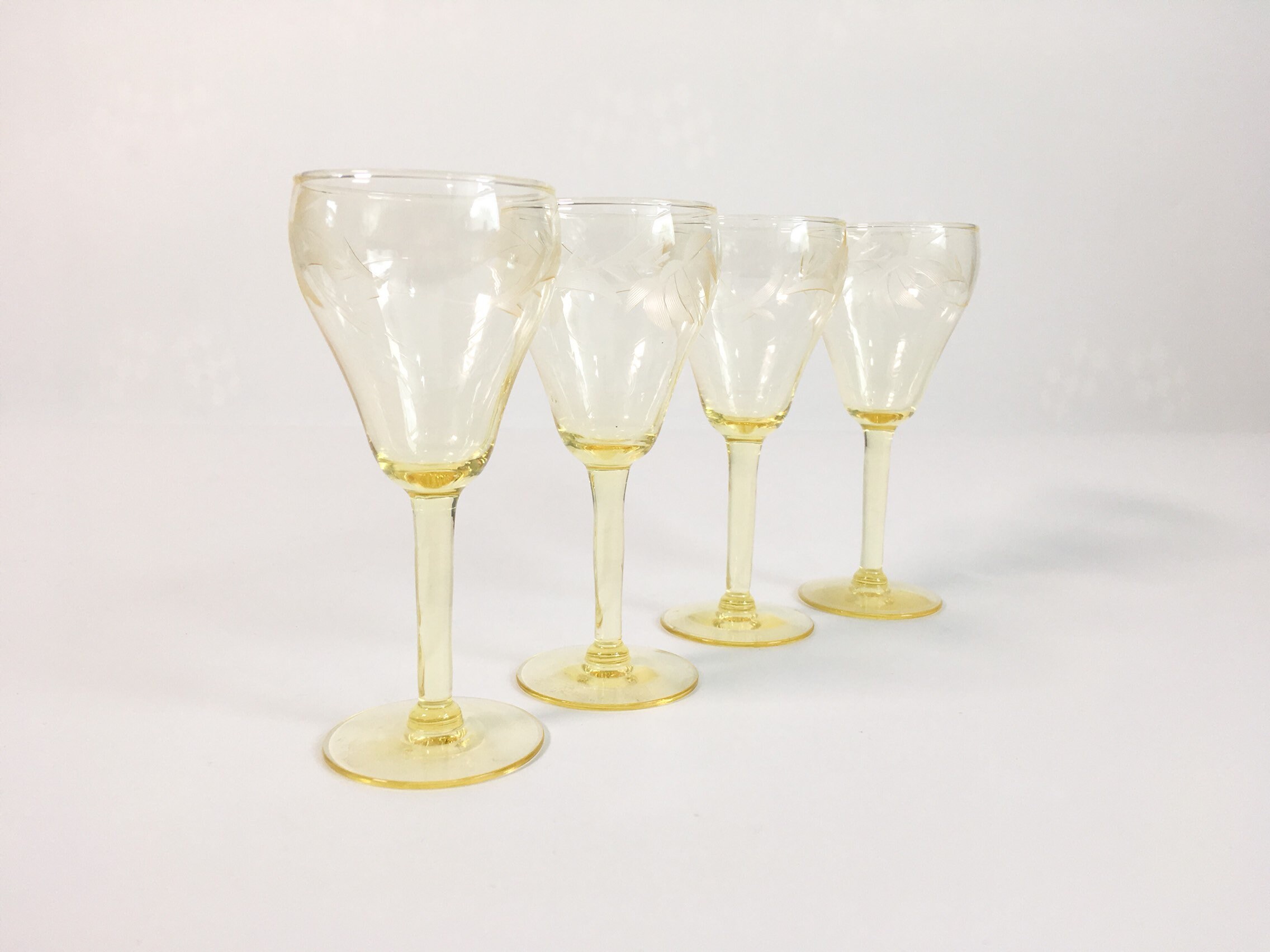 Vintage Yellow Etched Wine or Cordial or Cocktail Glasses Set if 4