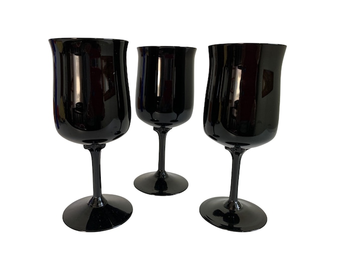 Vintage Set 3 Black Lenox  Midnight Mood Wine Glasses - Mid Century Modern Serving Entertaining Wedding
