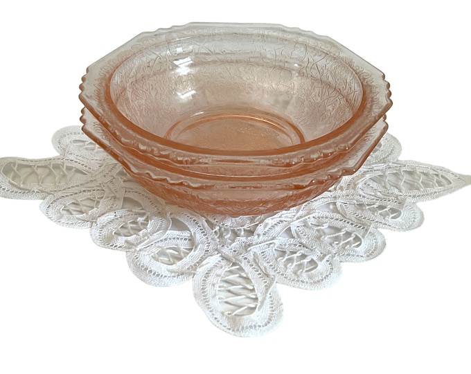 2 Hazel Atlas Florentine Pink Depression Glass Fruit Dessert Bowls ca 1930s - Pair Florentine Two Floral Motif Retro Kitchen Serving Display