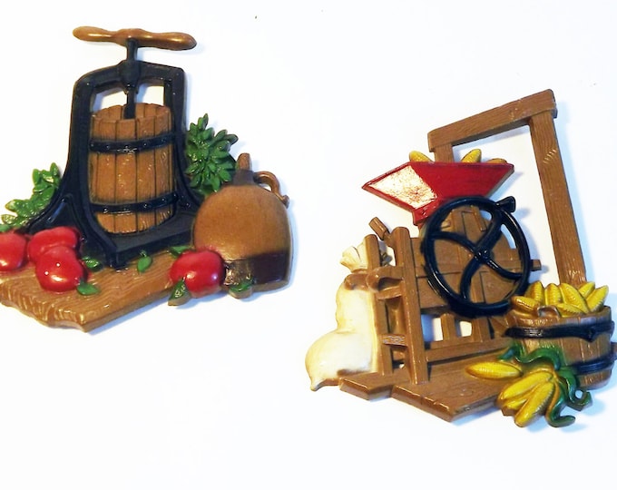 Vintage Homco Country Cottage Wall Decor Metal Plaques -  Apple Cider Press Corn Sheller Kitchen Hangings Farming 1976 Country Cottage Chic