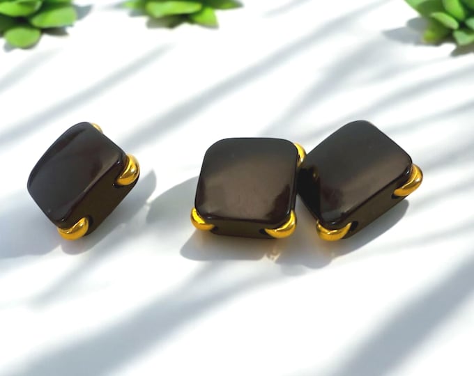 Vintage Art Deco Era Buttons - Set of 3 Black & Gold Square Fasteners - Sewing Craft Collectibles