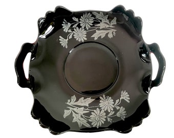 Vintage Black by Smith Glass Bowl or Dish w/ Platinum Floral Flowers - 2 Handles Scalloped Curved Cupped Edge - Unique Retro Home Decor