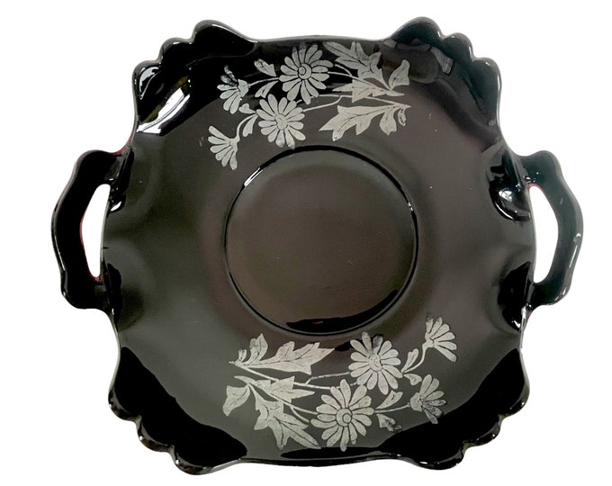 Vintage Black by Smith Glass Bowl or Dish w/ Platinum Floral Flowers - 2 Handles Scalloped Curved Cupped Edge - Unique Retro Home Decor