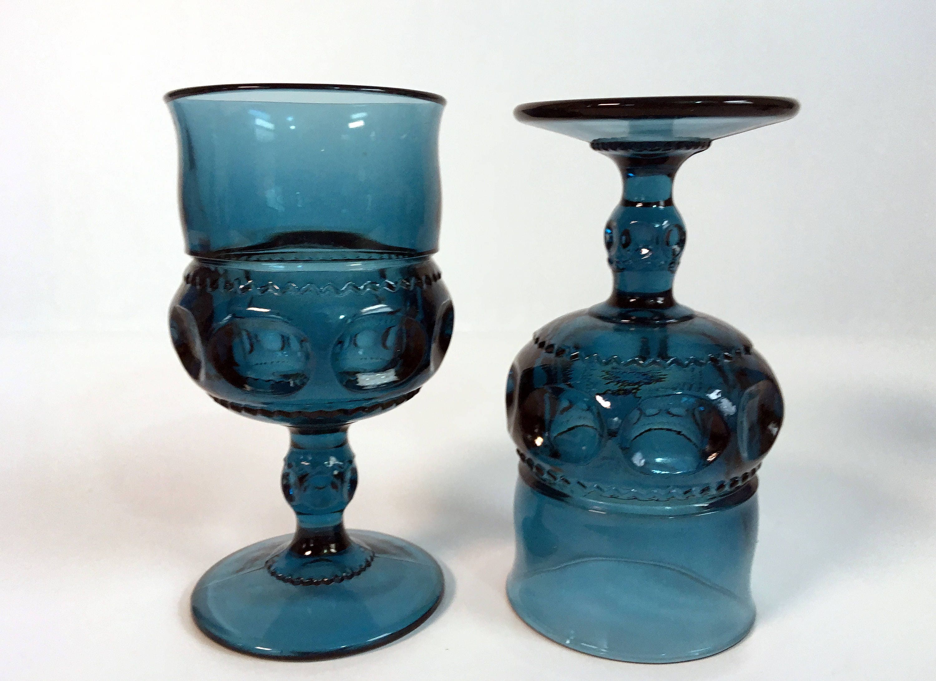 4 Vintage Blue Glass Wine Water Glasses Decorative Sides & Stems w
