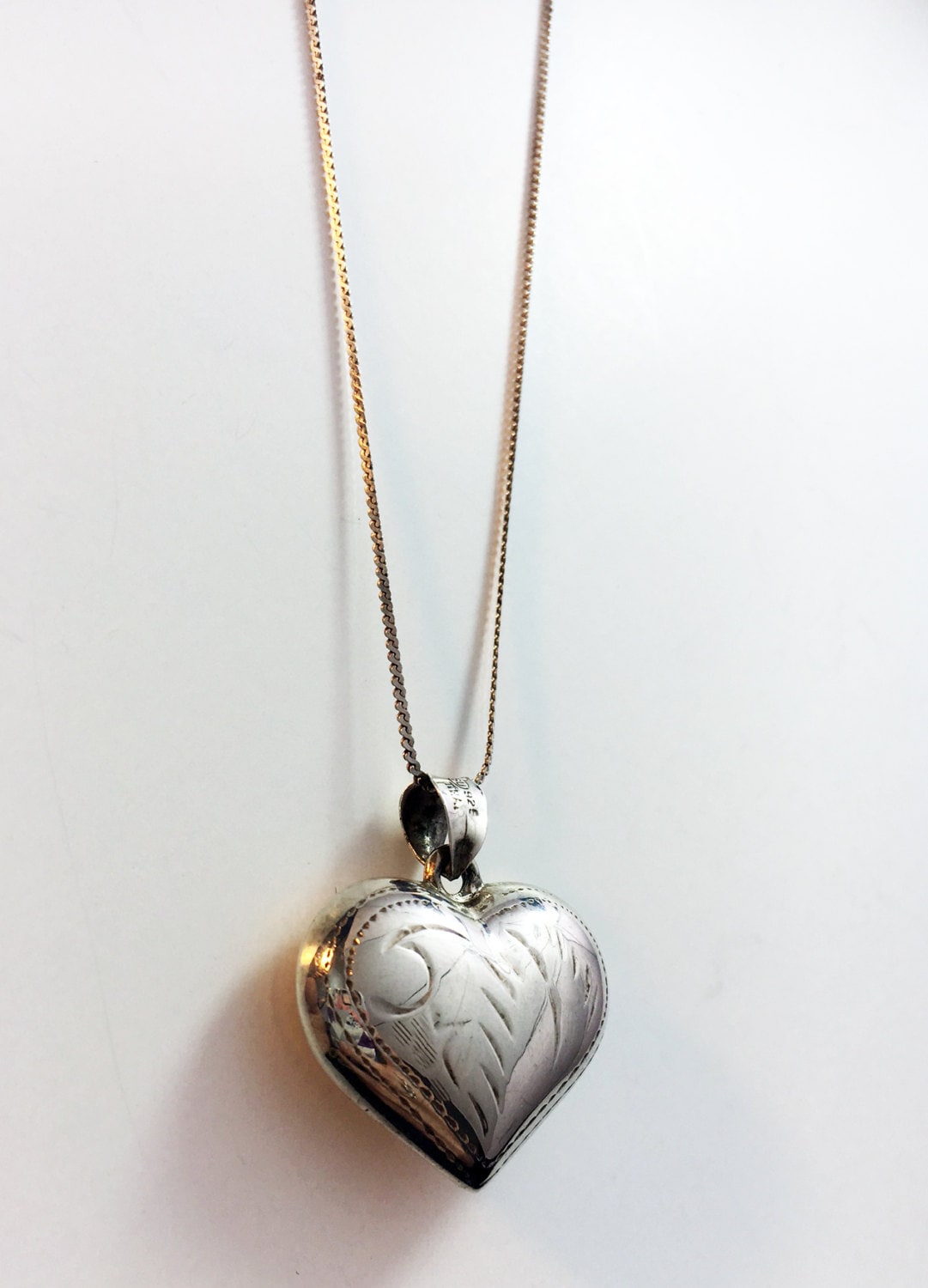 Sterling Silver Heart Pendant Vintage 925 Etched Sterling Puffy Heart