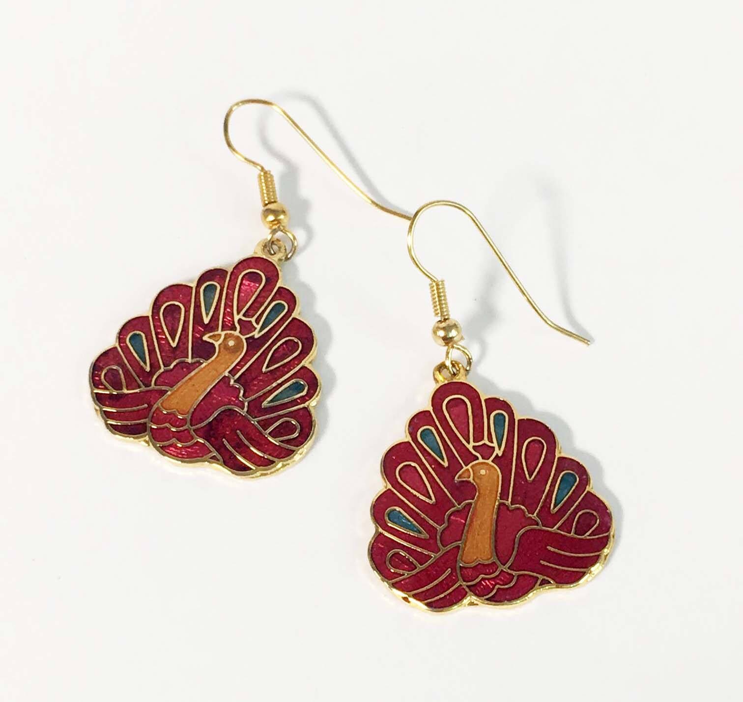 Floral Cloisonné Turkey Thanksgiving Earrings Dangle Drop Multi Color Enamel Jewelry Red