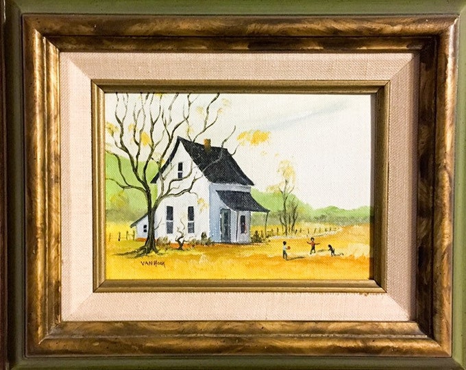 Van Hook Framed Oil Painting - Rural Scene Home, Children & Dog on Canvas