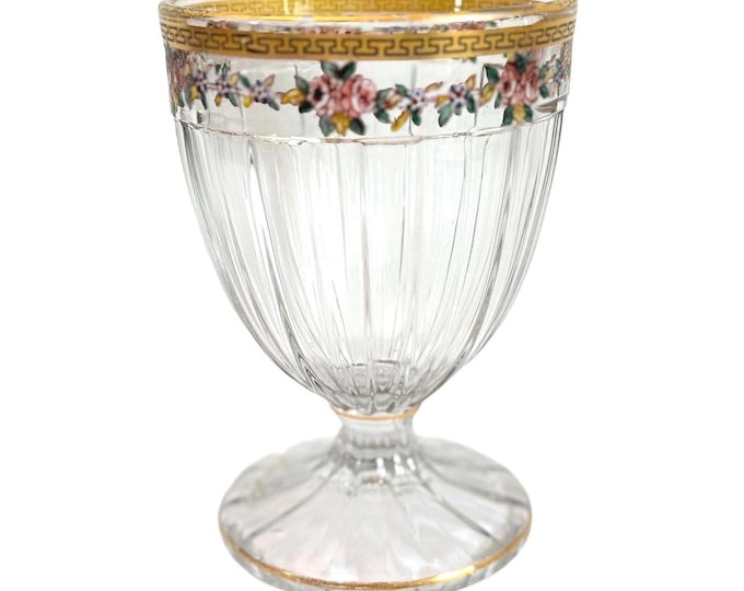 Vintage Gold Encrusted Trimmed Glass Pedestal Jar - Ribbed Sides w/ Gold Floral Flower & Greek Key Pattern - Unique Shape Retro Home Decor