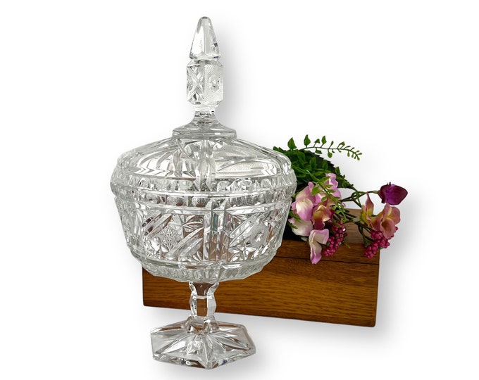 Vintage Clear Glass Pedestal Covered Comport Candy Dish  - Pressed Frosted Floral Design Compote w/ Tall Finial & Round Base Leaded Glass