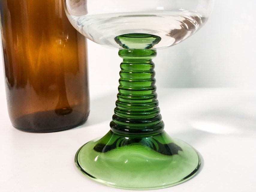 Single Vintage Green Stem Wine Glasses - 1 Schott Zweisel Style Clear