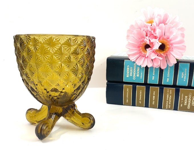 Vintage PV Amber Glass Pedestal Vase Jar w/ 4 Legs - Portieux Vallerysthal France Unique Four Leg Pedestal & Diamond Pattern Lines on Base