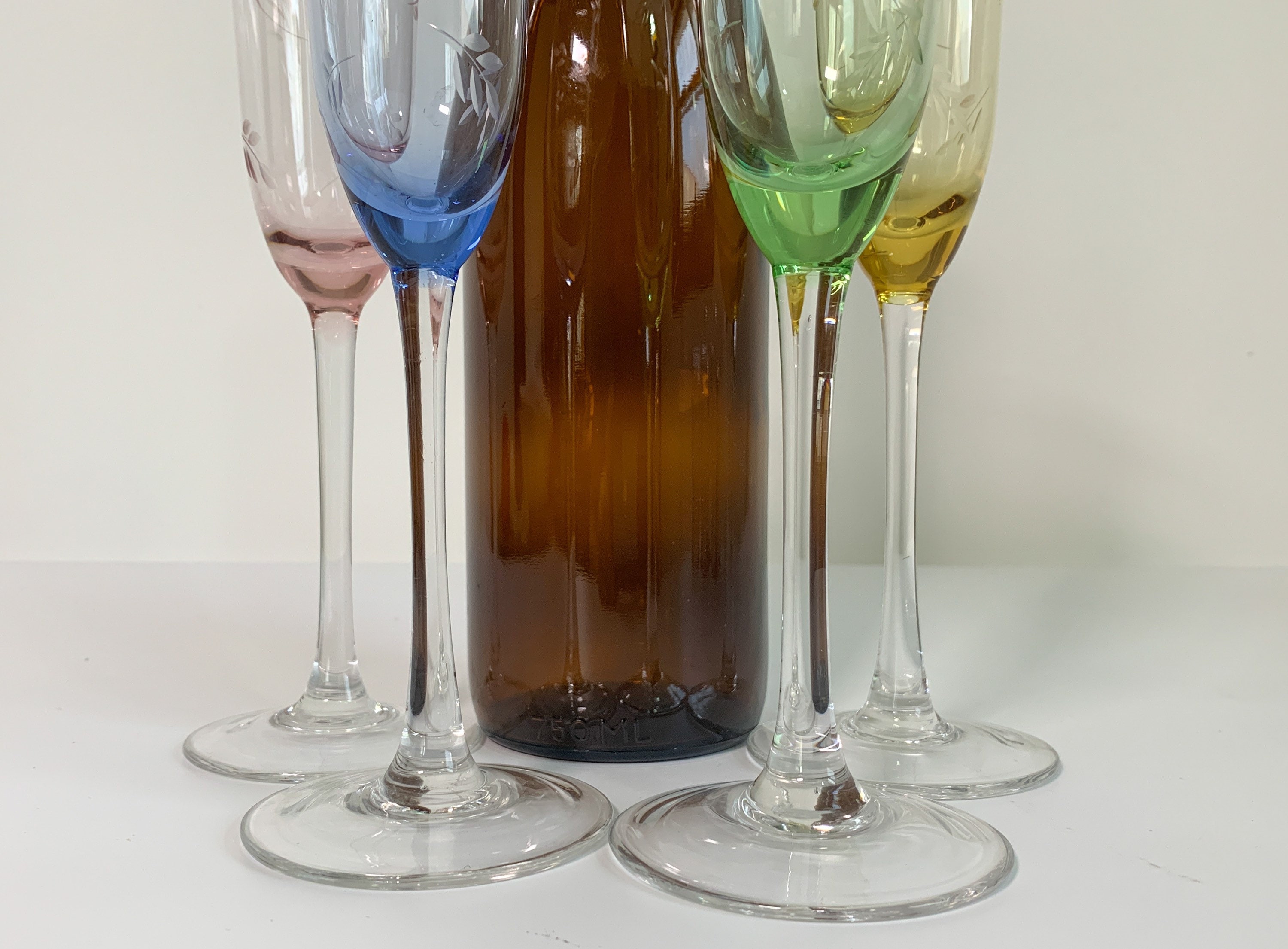 4 Vintage Very Tall Multi Color Etched Champagne Flutes Glasses 10
