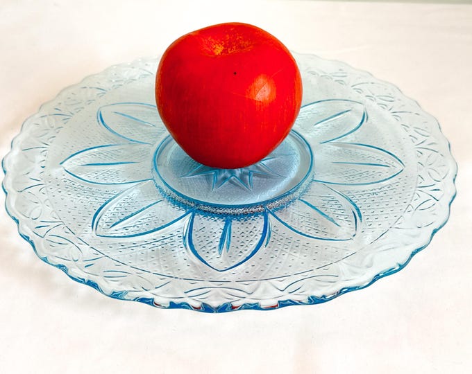 Vintage Blue Glass Plate - Round with Ornate Design & Scalloped Edges - Decorative Embellishments