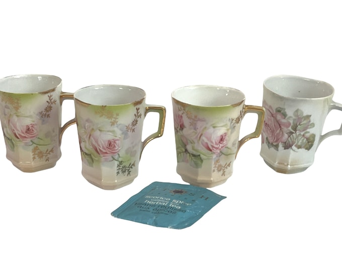 4 Vintage Demitasse Cups Fine Porcelain - Four White Gold Pink Gold Floral Flowers - Almost Matching Retro Espresso Coffee - Serving Dining