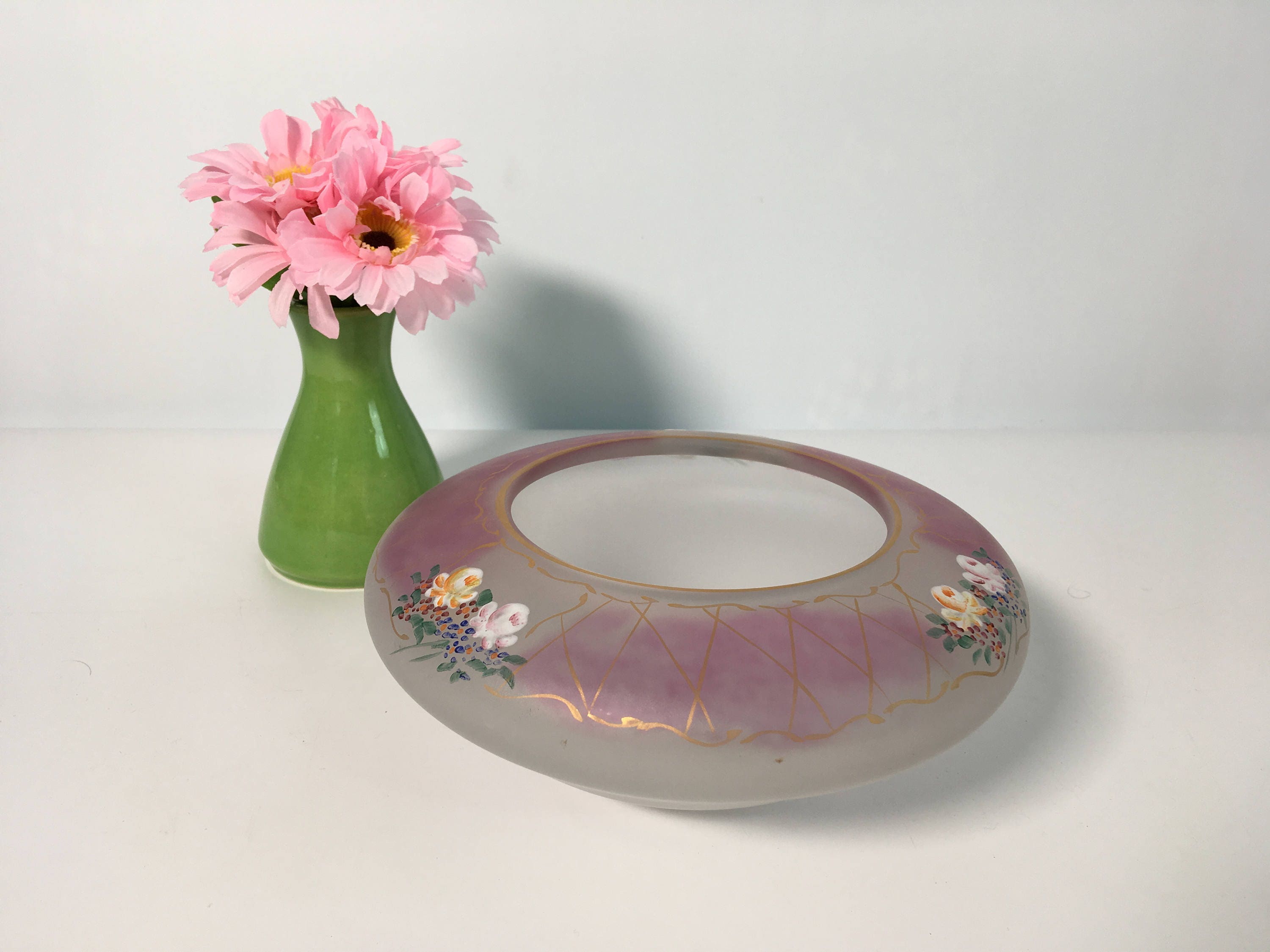 Vintage or Antique Satin Glass Bowl Hand Painted White w/ Pink Glass Round Bowl or Low Vase