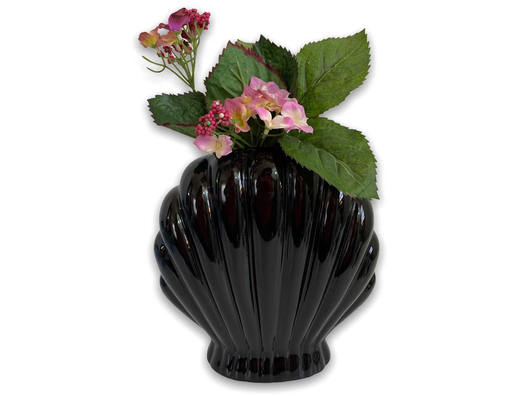 Vintage Black Ceramic Vase Mid century Retro Clam Shell Shape Pottery