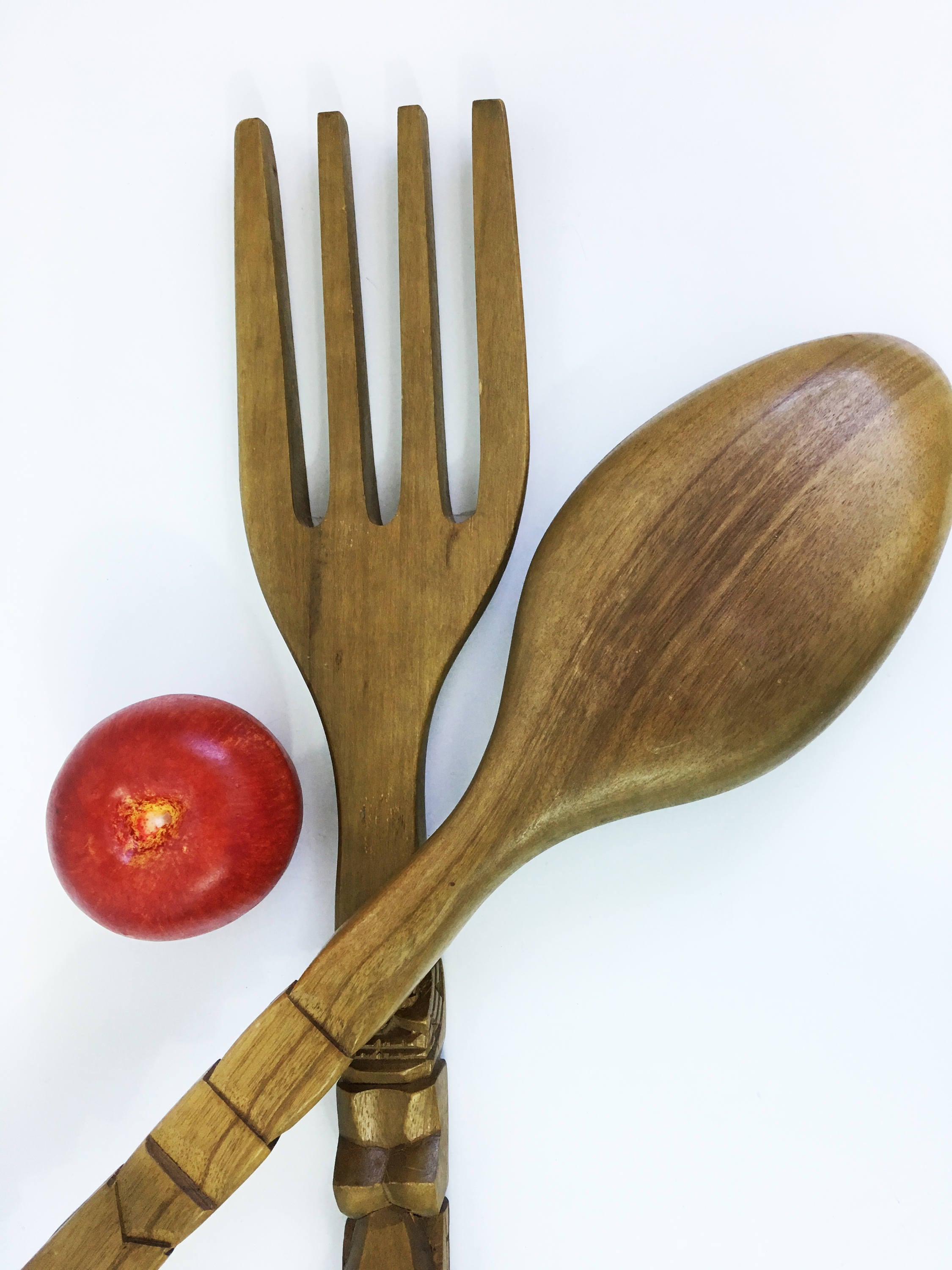 Retro Oversized Wooden Spoon and Fork Set Vintage Large Sized Mid
