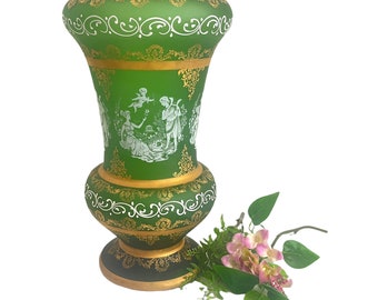 Extra Large Art Glass Vase - Vintage Green Painted Glass Vase w/ Gold & White Trim - Retro Hone Decor
