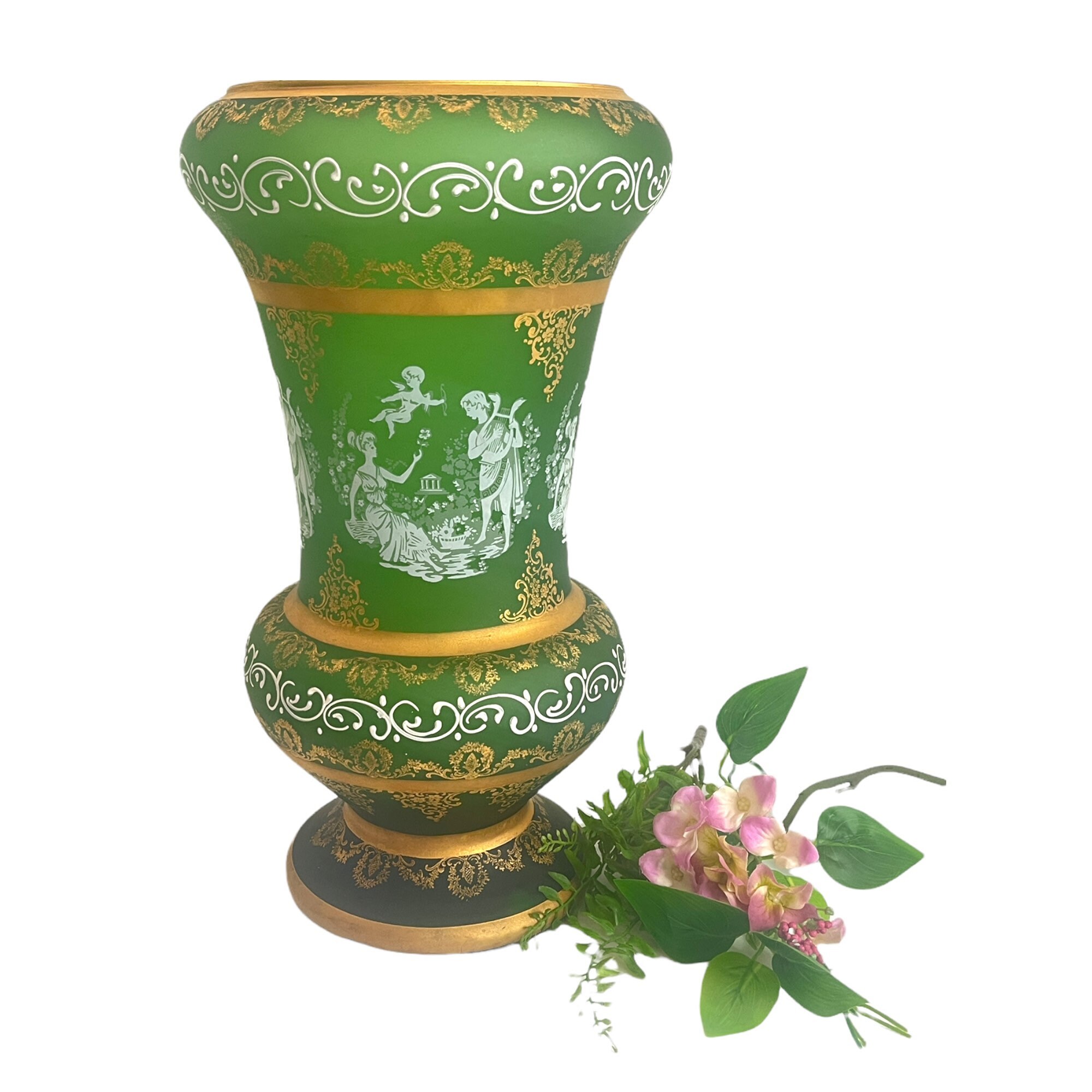 Extra Large Art Glass Vase Vintage Green Painted Glass Vase w/ Gold & White Trim Retro Hone