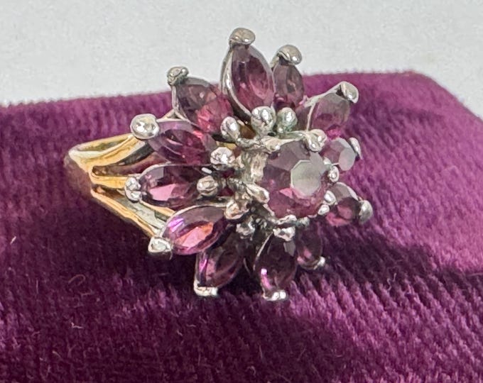Vintage Ornate Purple Glass Gem 18K Heavy Electroplate Ring - Retro Cocktail Flower Floral Design w/ Marquis Shapes - Estate Jewelry Sz 5.75