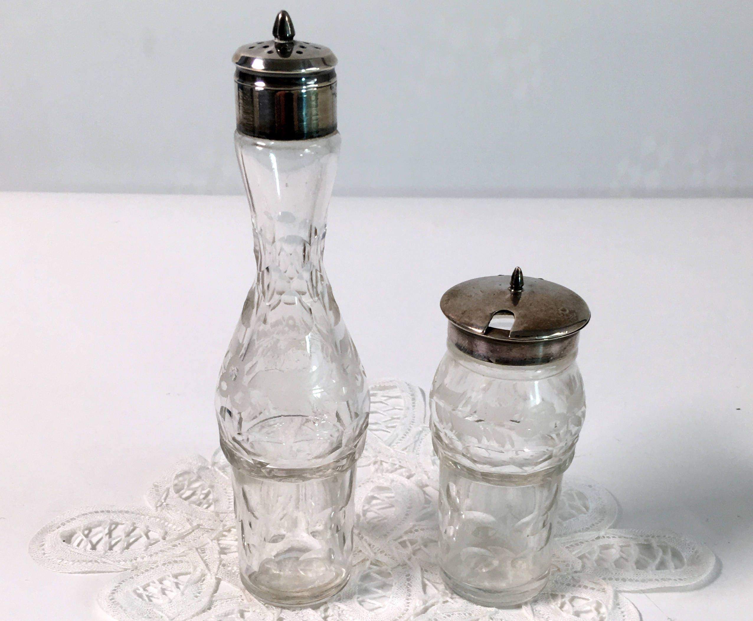 Antique Silver & Crystal Salt / Pepper or Sugar Shaker Castor Set