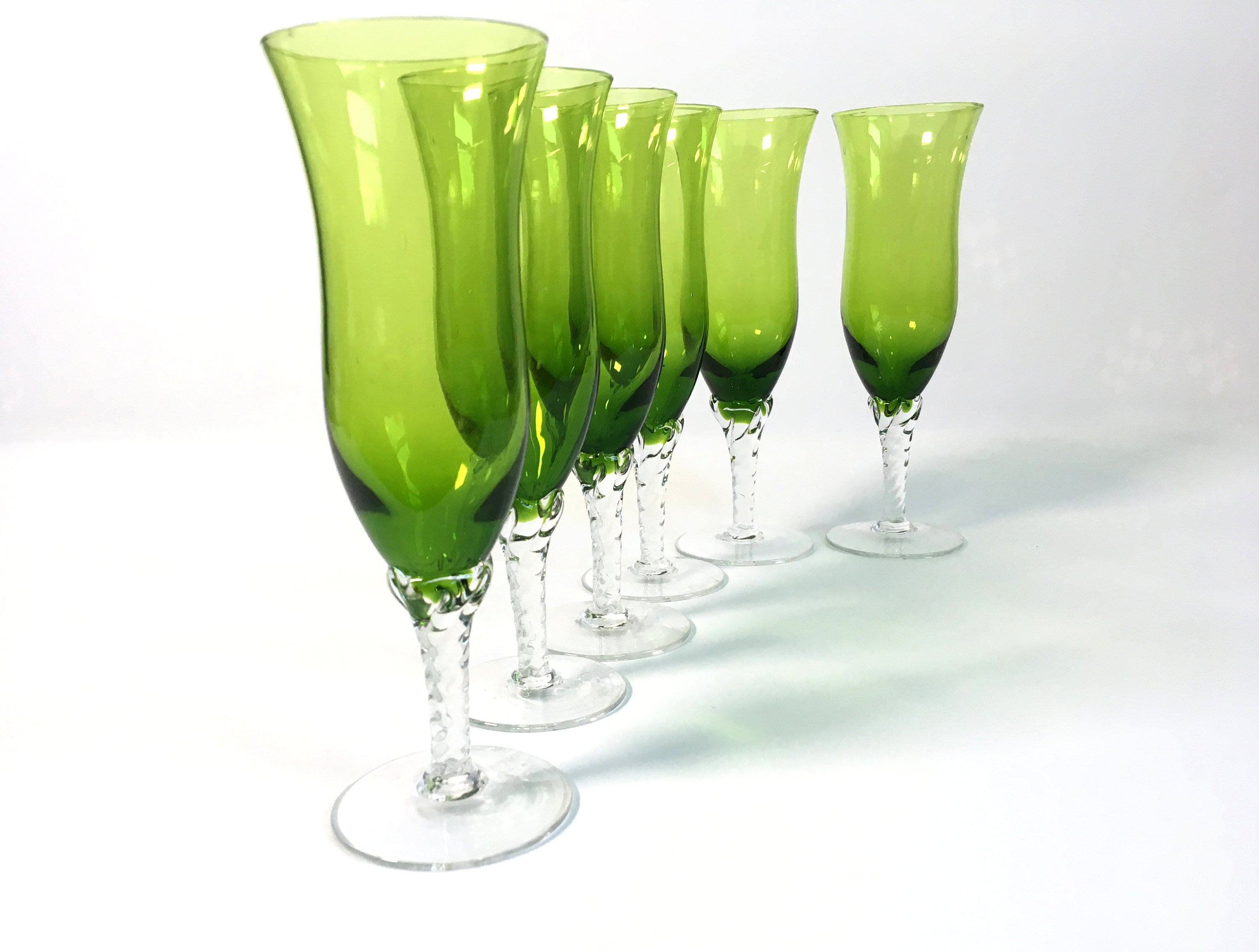 6 Vintage Green Italian Art Glass Champagne Flutes Retro Emerald Green