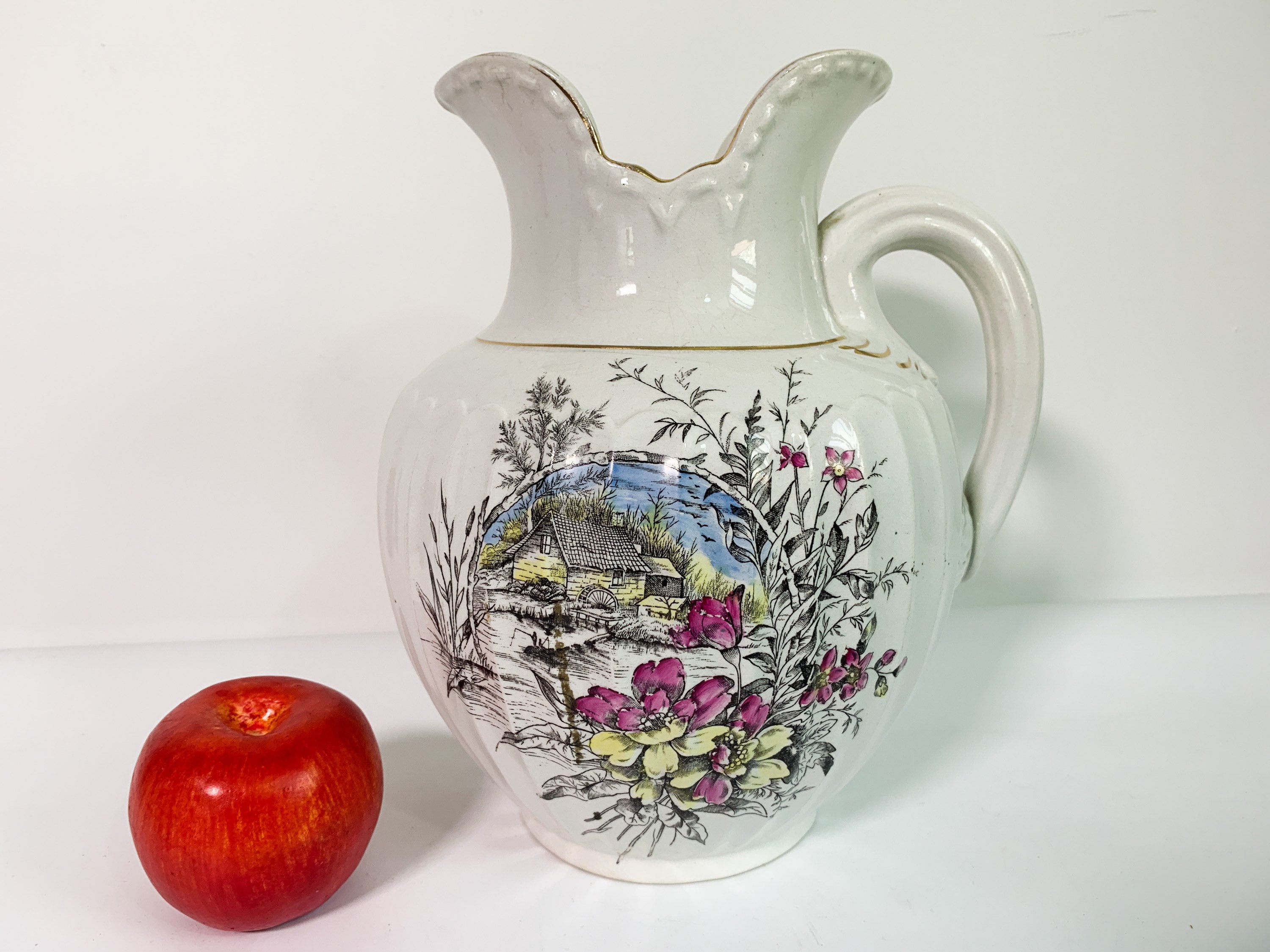 Portland Pottery Pitcher Large Vintage White w/ Floral Shabby Chic