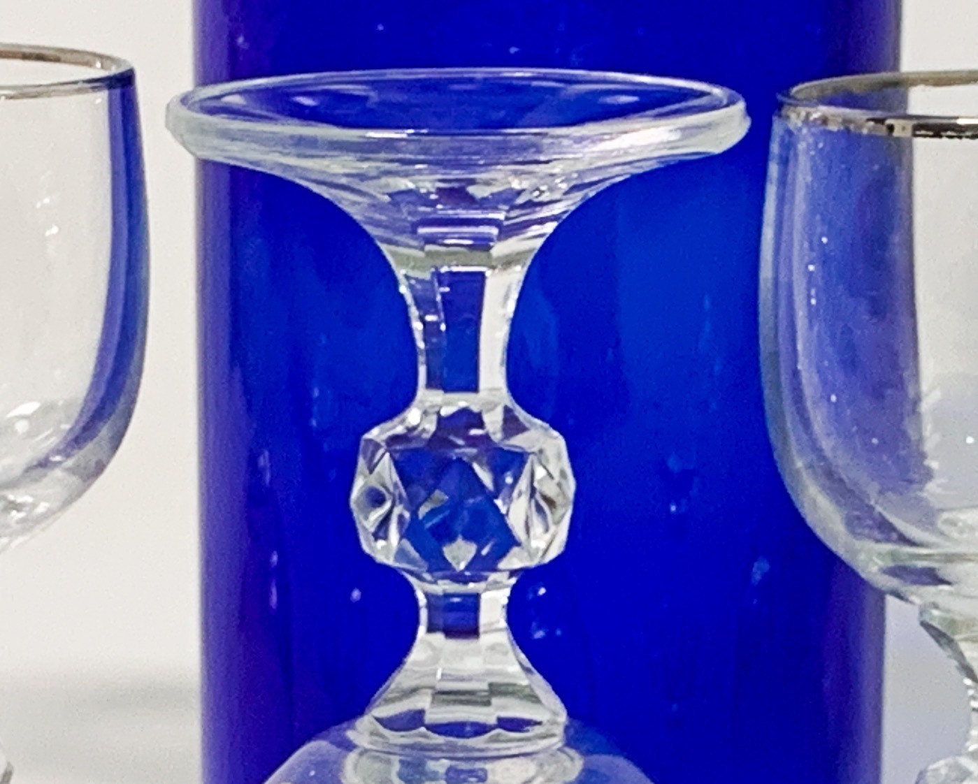 6 Vintage Silver Rim Cordial Cocktail Glasses w/ Faceted Wafer on Stem