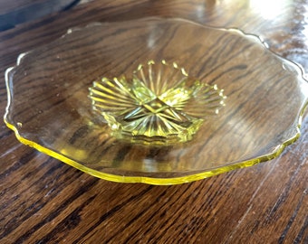 Vintage Yellow Depression Glass Shallow Rounded Dish / Bowl by Lancaster Glass Company w/ Criss Cross Base - Retro  Serving Dining Decor