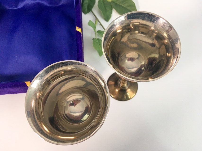 Vintage Pair Etched Brass & Silver plate Wine Goblets in Velvet Case