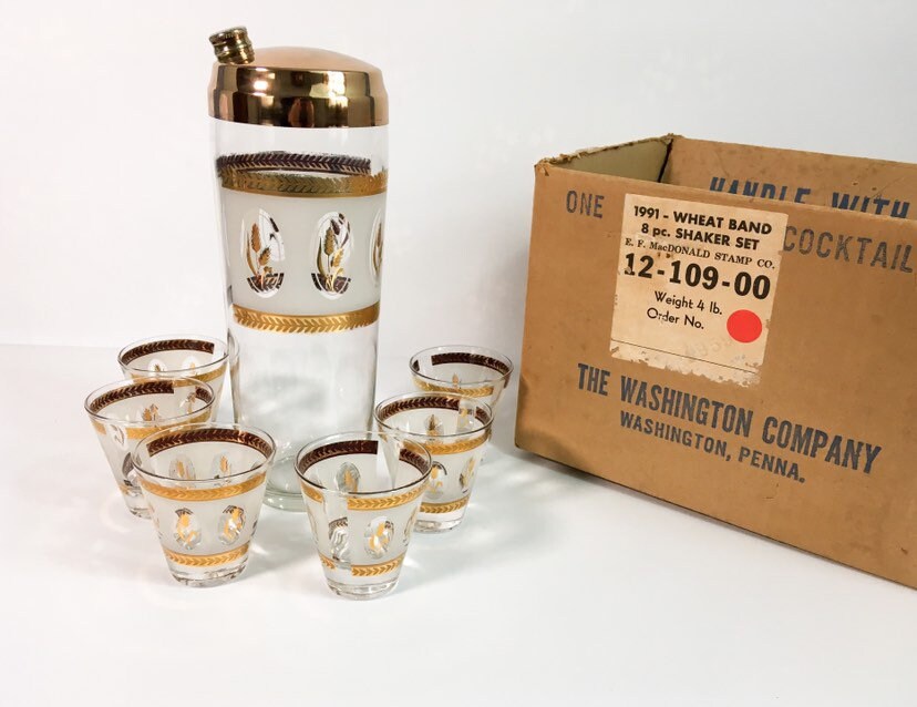 Seven Piece Vintage Gold Band Martini Set, Cocktail Shaker and 6 Stemmed  Glasses