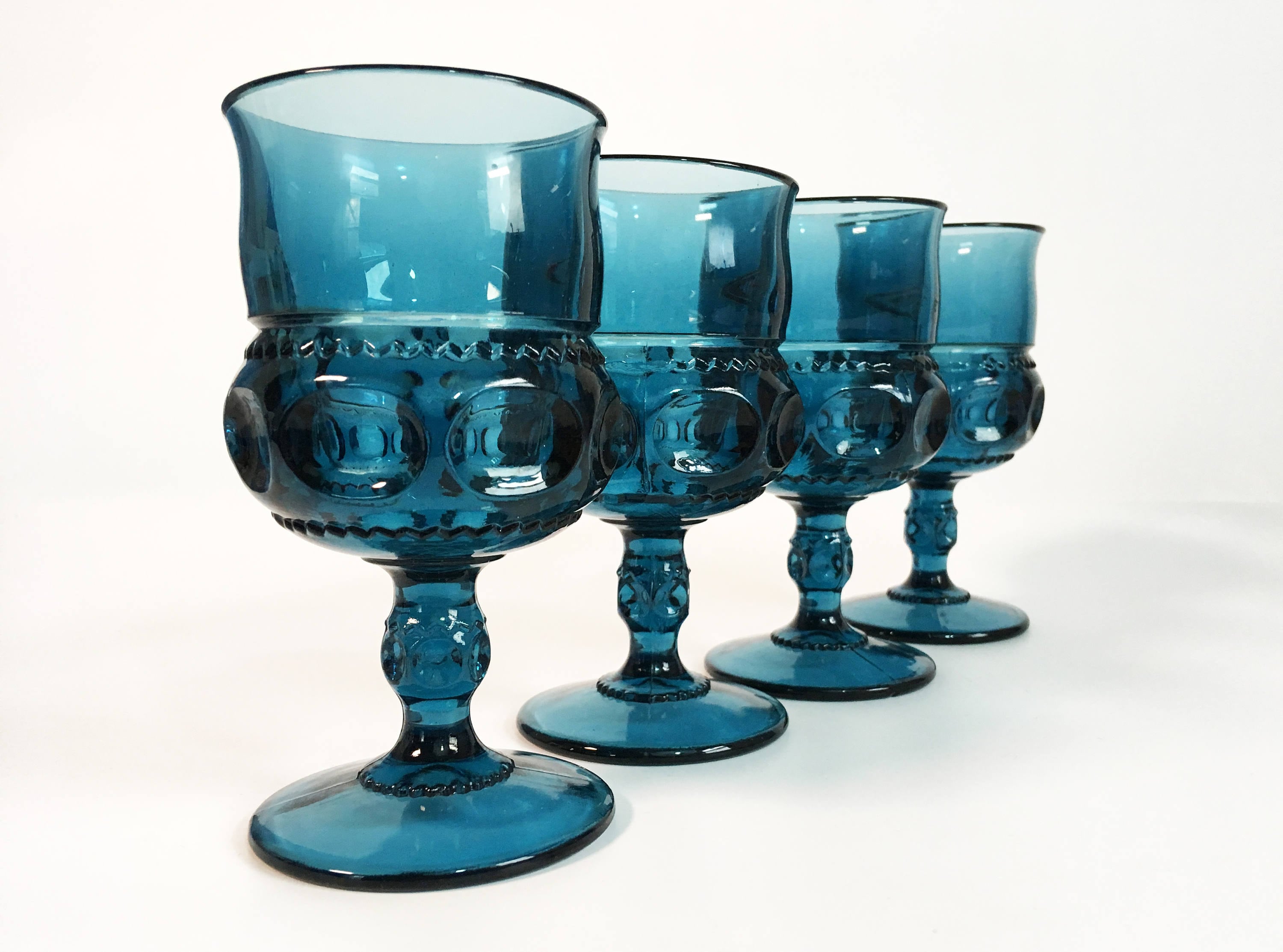 4 Vintage Blue Glass Wine Water Glasses Decorative Sides & Stems w